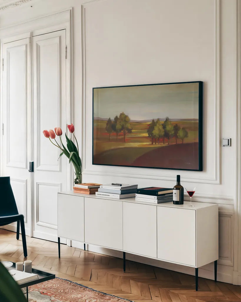 Summer Landscape by Silvia Vassileva. shown as a framed stretched canvas in a living room above a console. Available as a archival giclee rolled canvas, fine art paper, or poster print. SKU 36218i.