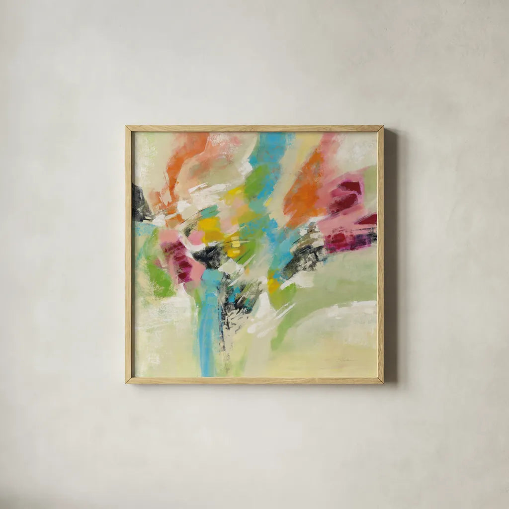 Summer Lunapark by Silvia Vassileva. Shown in a natural wood glass frame for a timeless modern aesthetic. Available as an archival giclee rolled canvas, fine art paper, or poster print. SKU 65680a.