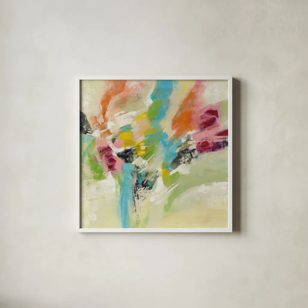 Summer Lunapark by Silvia Vassileva. Shown in a crisp white glass frame for a clean and minimalist style. Available as an archival giclee rolled canvas, fine art paper, or poster print. SKU 65680a.