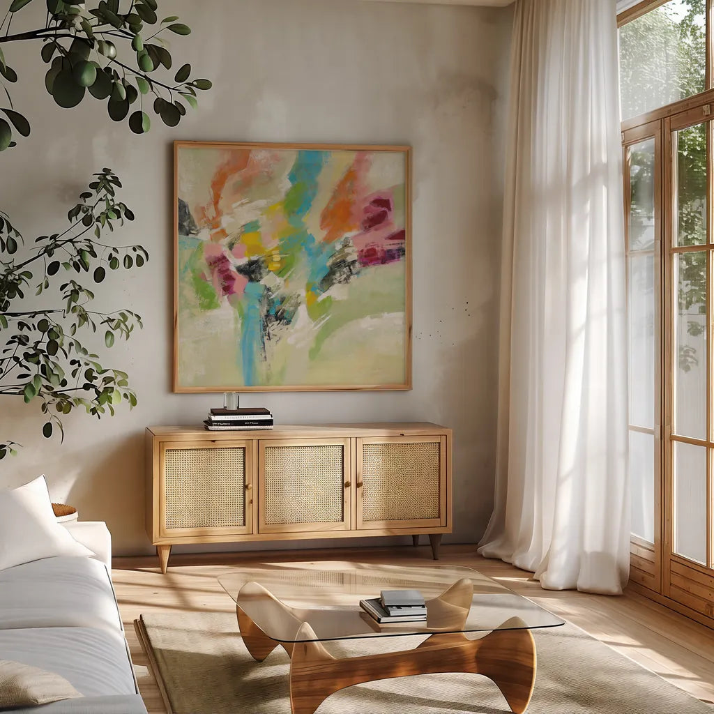 Summer Lunapark by Silvia Vassileva. Shown in a natural wood frame in a cozy modern living room. Available as an archival giclee rolled canvas, fine art paper, or poster print. SKU 65680a.