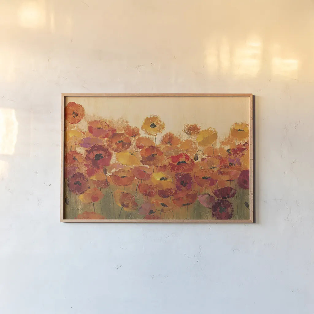 Summer Poppies by Silvia Vassileva. shown as a paper print in a natural frame. Available as a archival giclee rolled canvas, fine art paper, or poster print. SKU 10616i.