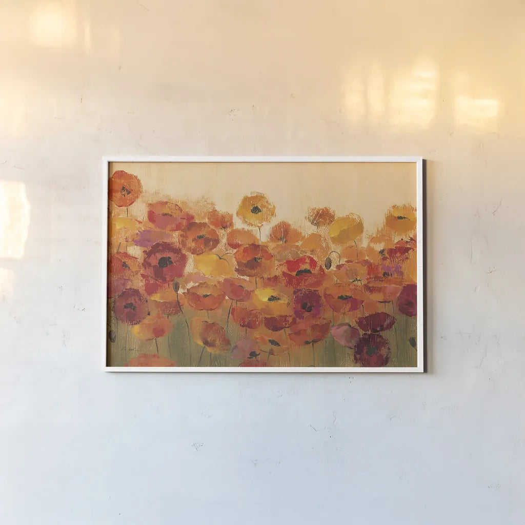Summer Poppies by Silvia Vassileva. shown as a paper print in a white frame. Available as a archival giclee rolled canvas, fine art paper, or poster print. SKU 10616i.