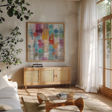 Summer Rain by Silvia Vassileva. Shown in a natural wood frame in a cozy modern living room. Available as an archival giclee rolled canvas, fine art paper, or poster print. SKU 16628a.
