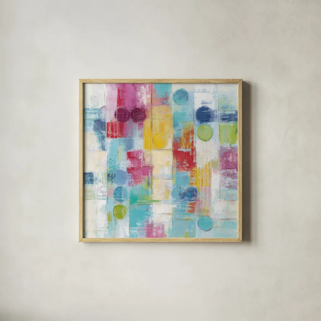 Summer Rain Bright by Silvia Vassileva. Shown in a natural wood glass frame for a timeless modern aesthetic. Available as an archival giclee rolled canvas, fine art paper, or poster print. SKU 64567a.