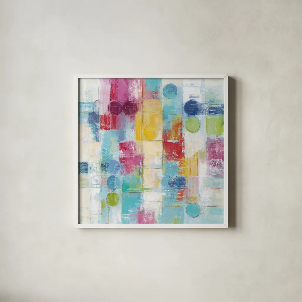 Summer Rain Bright by Silvia Vassileva. Shown in a crisp white glass frame for a clean and minimalist style. Available as an archival giclee rolled canvas, fine art paper, or poster print. SKU 64567a.