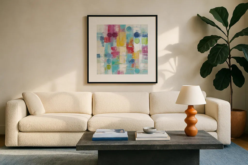 Summer Rain Bright by Silvia Vassileva. Displayed in a glass frame with matte in a clean modern living room. Available as an archival giclee rolled canvas, fine art paper, or poster print. SKU 64567a.