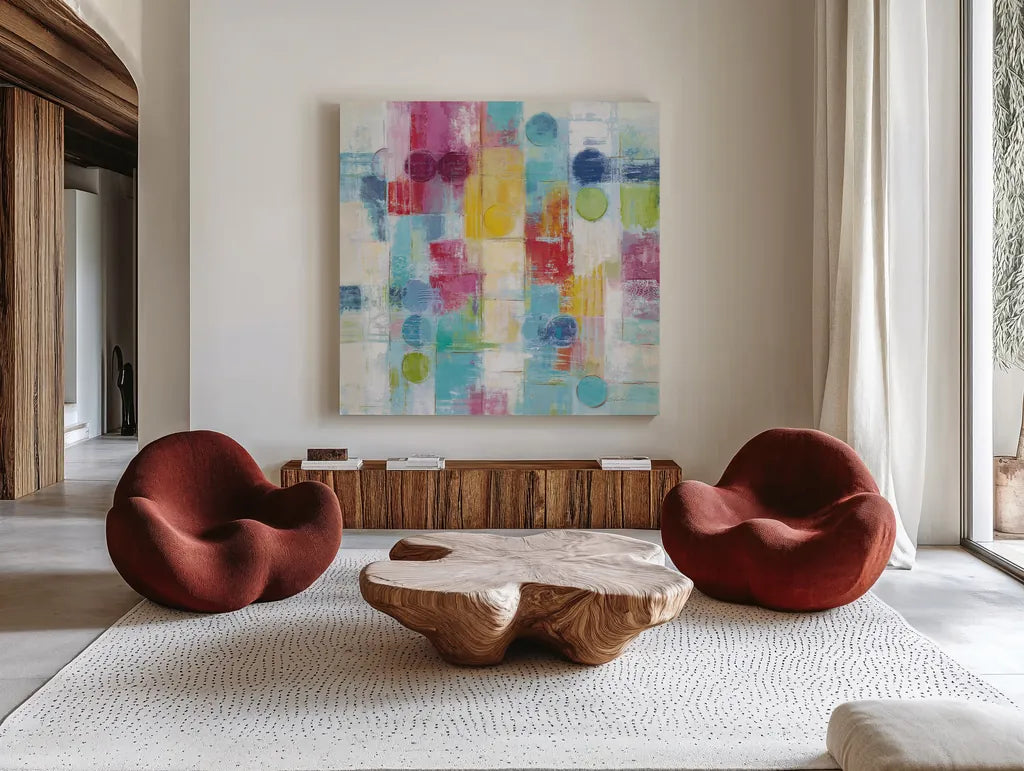 Summer Rain Bright by Silvia Vassileva. Shown as extra-large giant wall art in a modern living room. Available as an archival giclee rolled canvas, fine art paper, or poster print. SKU 64567a.