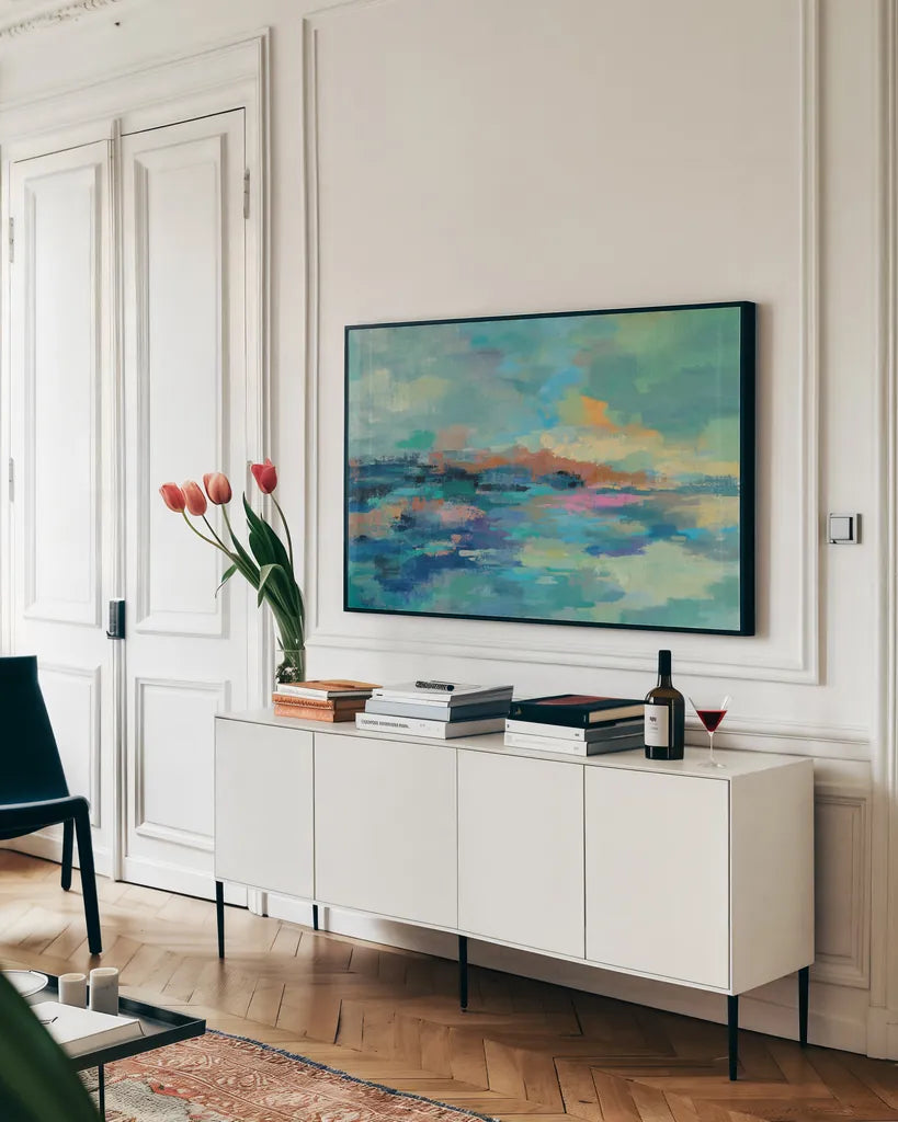 Summer Seaside by Silvia Vassileva. shown as a framed stretched canvas in a living room above a console. Available as a archival giclee rolled canvas, fine art paper, or poster print. SKU 60168i.