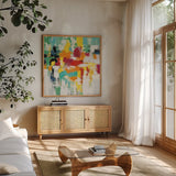 Summer Silk Road Warm by Silvia Vassileva. Shown in a natural wood frame in a cozy modern living room. Available as an archival giclee rolled canvas, fine art paper, or poster print. SKU 64572a.
