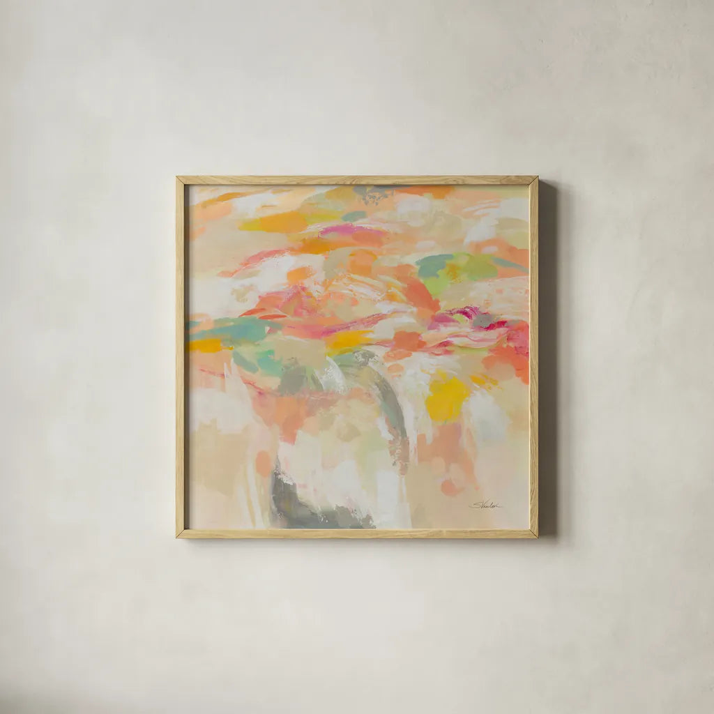 Summer Solstice by Silvia Vassileva. Shown in a natural wood glass frame for a timeless modern aesthetic. Available as an archival giclee rolled canvas, fine art paper, or poster print. SKU 90253a.
