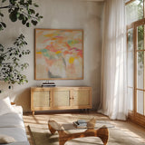 Summer Solstice by Silvia Vassileva. Shown in a natural wood frame in a cozy modern living room. Available as an archival giclee rolled canvas, fine art paper, or poster print. SKU 90253a.