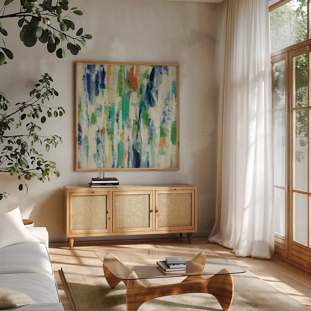 Sun Rays by Silvia Vassileva. Shown in a natural wood frame in a cozy modern living room. Available as an archival giclee rolled canvas, fine art paper, or poster print. SKU 43415a.