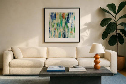 Sun Rays by Silvia Vassileva. Displayed in a glass frame with matte in a clean modern living room. Available as an archival giclee rolled canvas, fine art paper, or poster print. SKU 43415a.