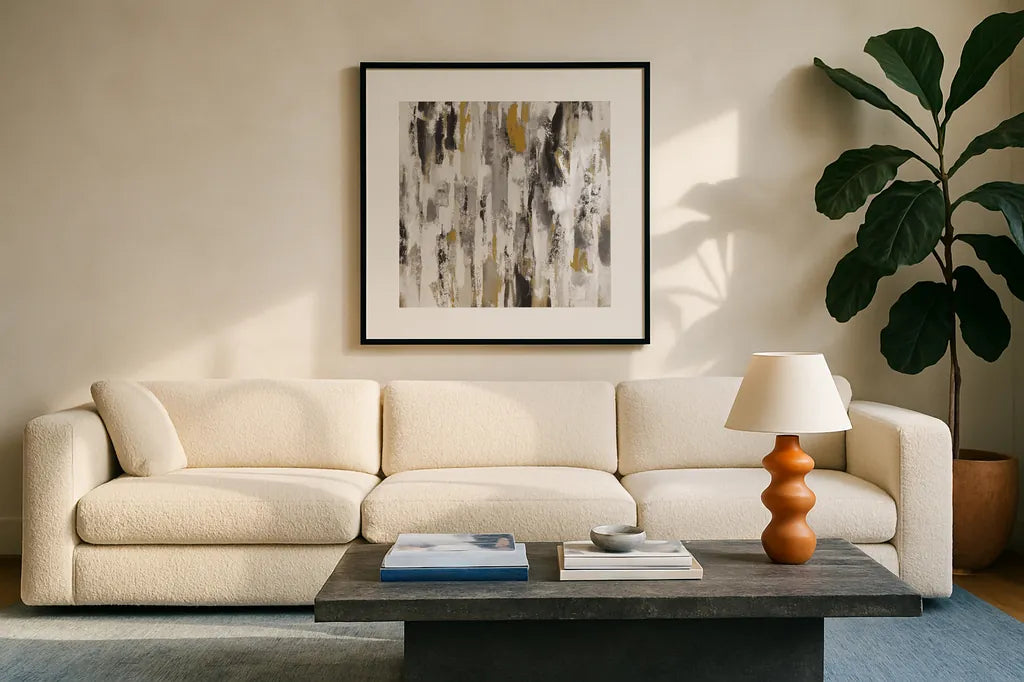 Sun Rays BW by Silvia Vassileva. Displayed in a glass frame with matte in a clean modern living room. Available as an archival giclee rolled canvas, fine art paper, or poster print. SKU 44870a.