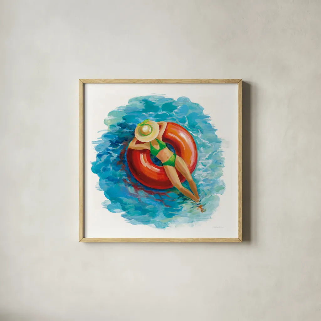 Sunbather I by Silvia Vassileva. Shown in a natural wood glass frame for a timeless modern aesthetic. Available as an archival giclee rolled canvas, fine art paper, or poster print. SKU 62968a.