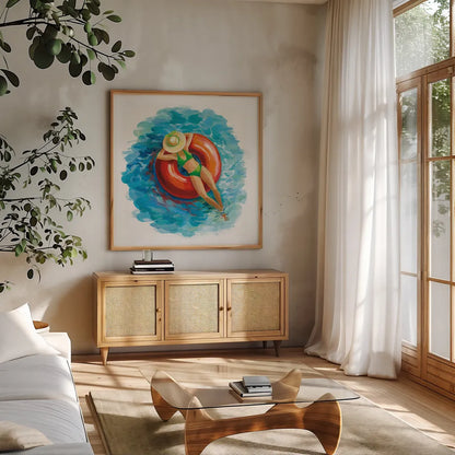 Sunbather I by Silvia Vassileva. Shown in a natural wood frame in a cozy modern living room. Available as an archival giclee rolled canvas, fine art paper, or poster print. SKU 62968a.