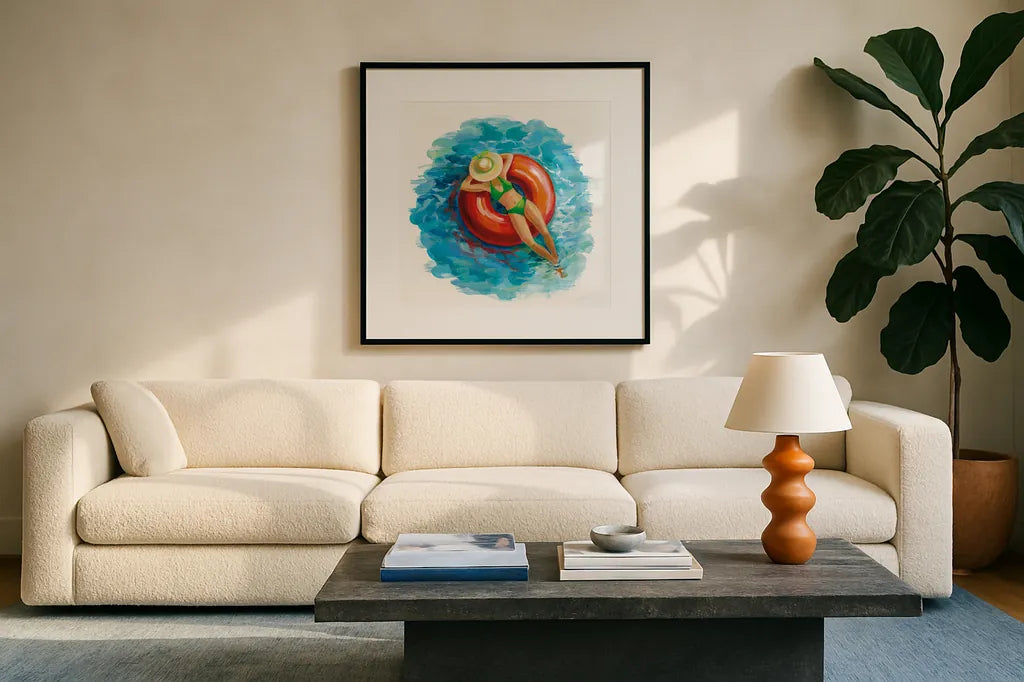 Sunbather I by Silvia Vassileva. Displayed in a glass frame with matte in a clean modern living room. Available as an archival giclee rolled canvas, fine art paper, or poster print. SKU 62968a.