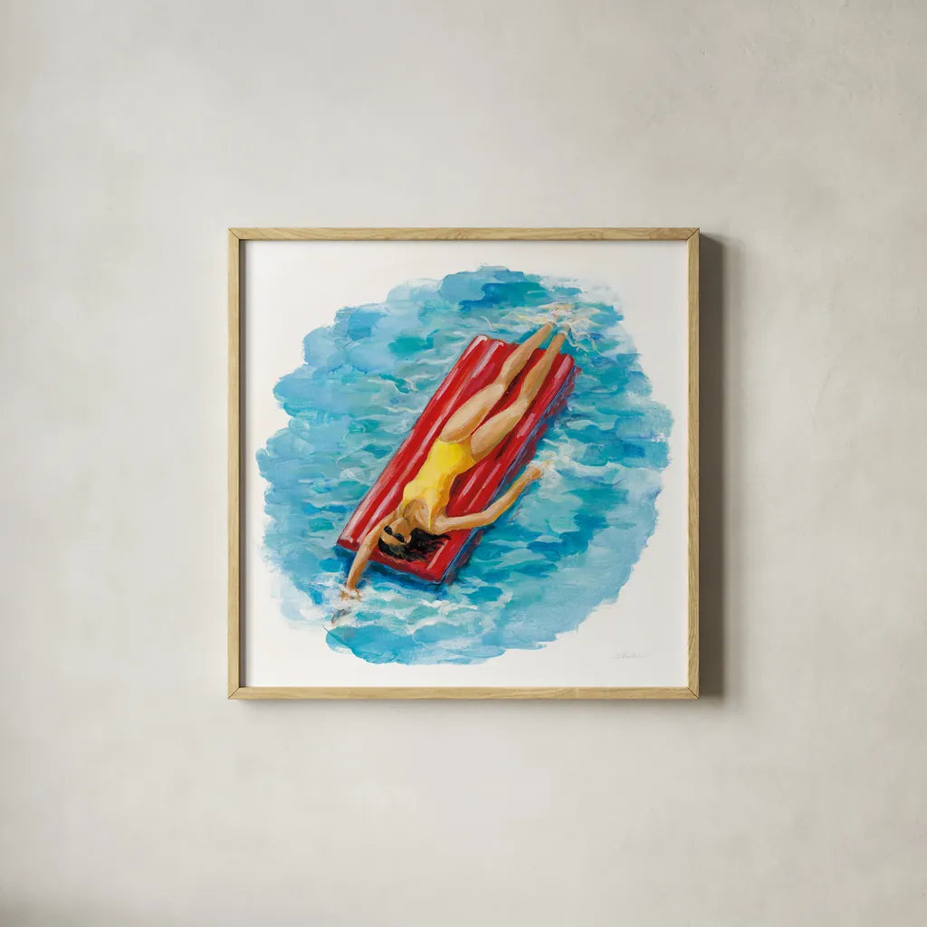Sunbather II by Silvia Vassileva. Shown in a natural wood glass frame for a timeless modern aesthetic. Available as an archival giclee rolled canvas, fine art paper, or poster print. SKU 62969a.
