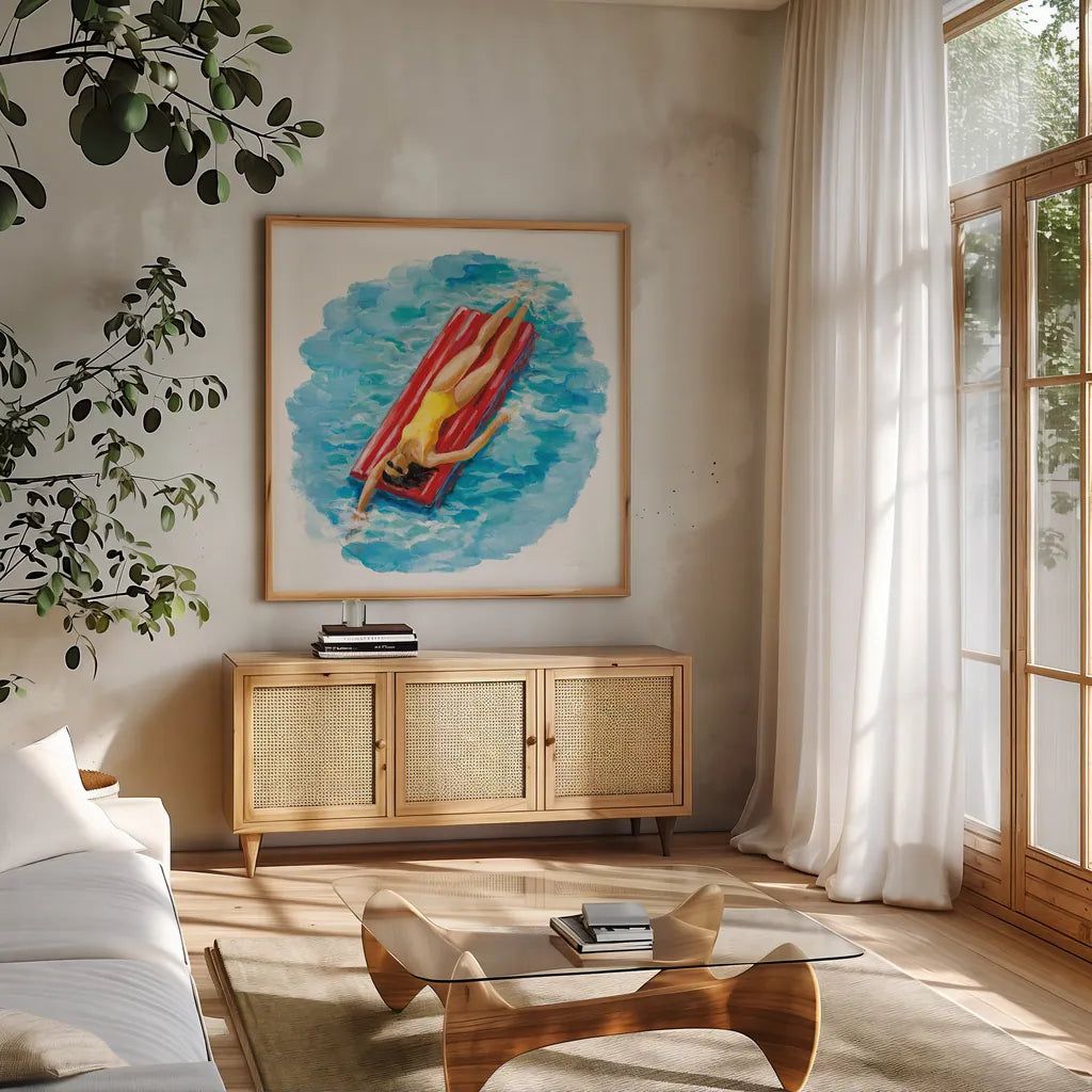 Sunbather II by Silvia Vassileva. Shown in a natural wood frame in a cozy modern living room. Available as an archival giclee rolled canvas, fine art paper, or poster print. SKU 62969a.