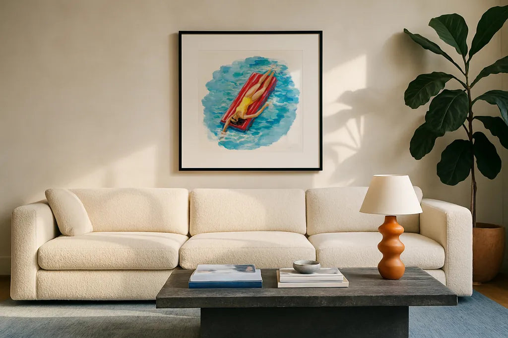 Sunbather II by Silvia Vassileva. Displayed in a glass frame with matte in a clean modern living room. Available as an archival giclee rolled canvas, fine art paper, or poster print. SKU 62969a.