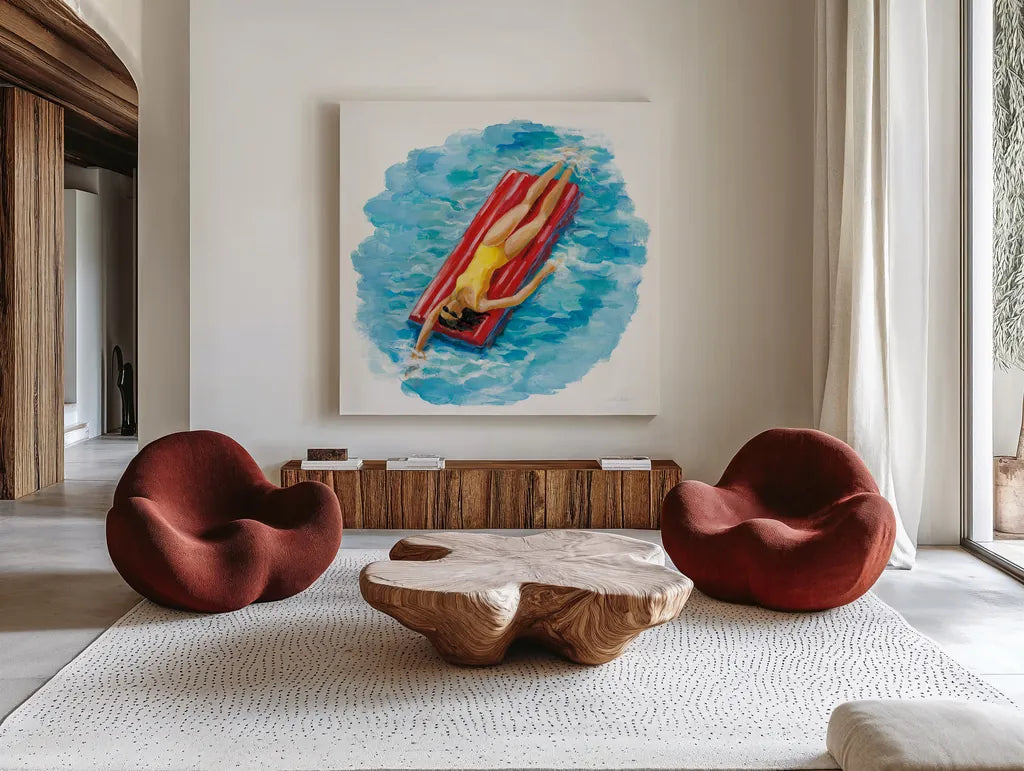Sunbather II by Silvia Vassileva. Shown as extra-large giant wall art in a modern living room. Available as an archival giclee rolled canvas, fine art paper, or poster print. SKU 62969a.