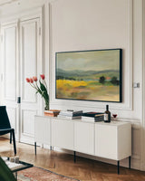 Sunflower Field by Silvia Vassileva. shown as a framed stretched canvas in a living room above a console. Available as a archival giclee rolled canvas, fine art paper, or poster print. SKU 74318i.