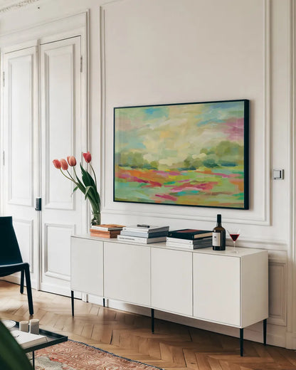 Sunny Fields by Silvia Vassileva. shown as a framed stretched canvas in a living room above a console. Available as a archival giclee rolled canvas, fine art paper, or poster print. SKU 26338i.