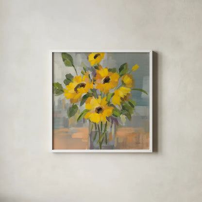 Sunny Floral I by Silvia Vassileva. Shown in a crisp white glass frame for a clean and minimalist style. Available as an archival giclee rolled canvas, fine art paper, or poster print. SKU 99711a.