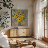 Sunny Floral I by Silvia Vassileva. Shown in a natural wood frame in a cozy modern living room. Available as an archival giclee rolled canvas, fine art paper, or poster print. SKU 99711a.