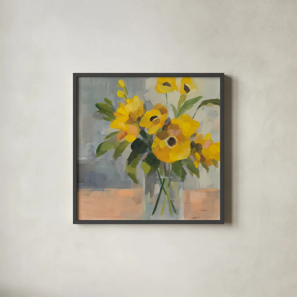 Sunny Floral II by Silvia Vassileva. Shown in a sleek black glass frame for a contemporary gallery look. Available as an archival giclee rolled canvas, fine art paper, or poster print. SKU 99712a.
