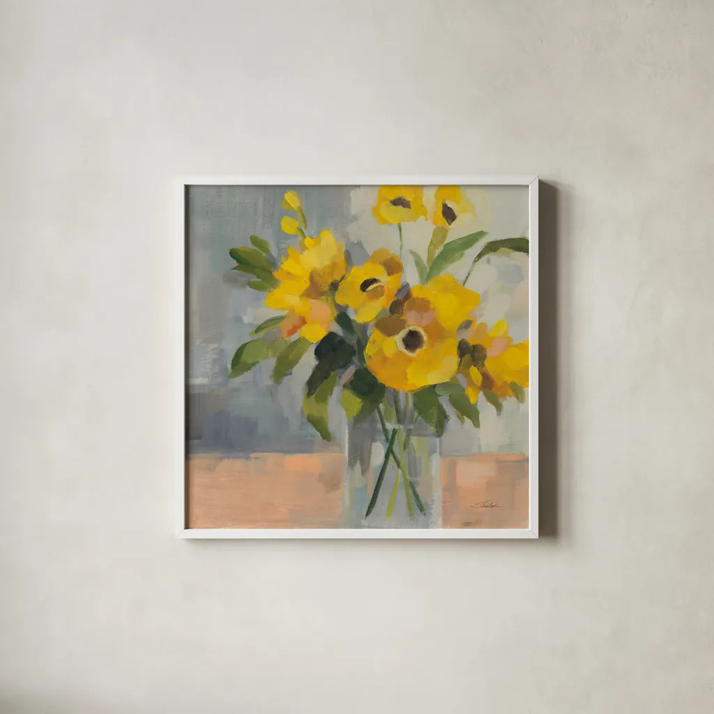 Sunny Floral II by Silvia Vassileva. Shown in a crisp white glass frame for a clean and minimalist style. Available as an archival giclee rolled canvas, fine art paper, or poster print. SKU 99712a.