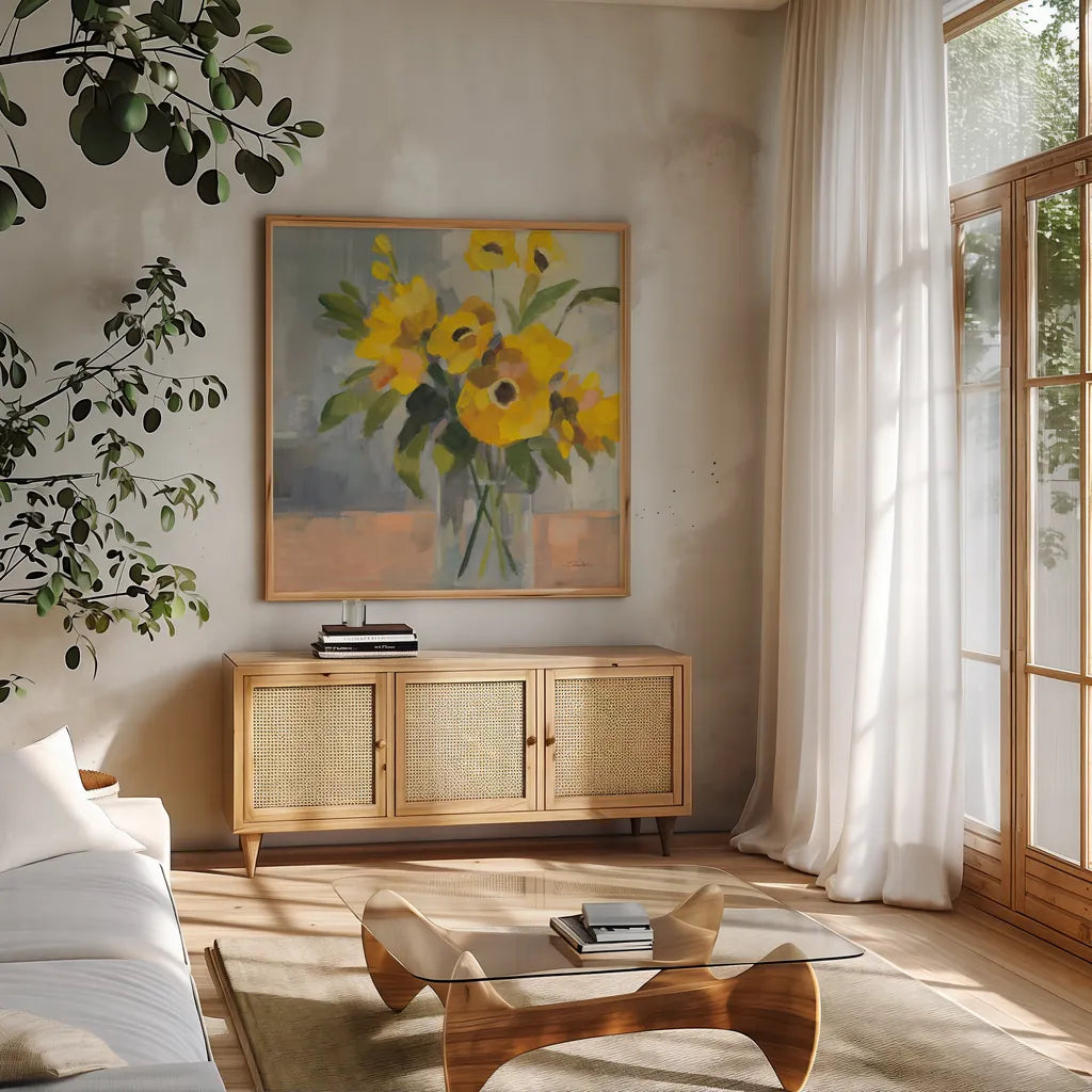 Sunny Floral II by Silvia Vassileva. Shown in a natural wood frame in a cozy modern living room. Available as an archival giclee rolled canvas, fine art paper, or poster print. SKU 99712a.