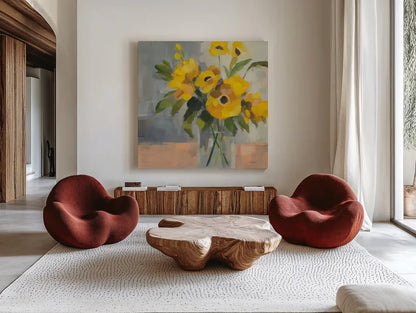 Sunny Floral II by Silvia Vassileva. Shown as extra-large giant wall art in a modern living room. Available as an archival giclee rolled canvas, fine art paper, or poster print. SKU 99712a.
