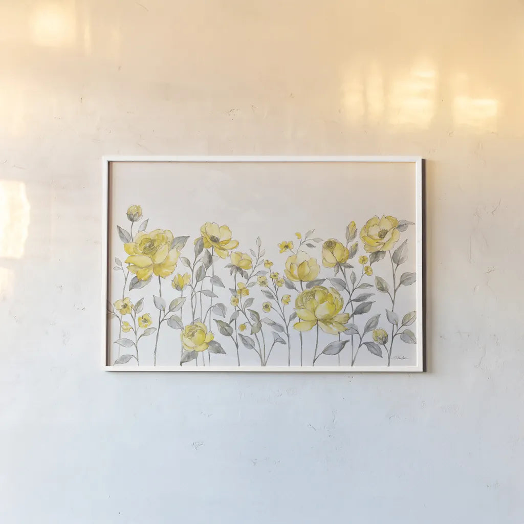 Sunny Roses I No Words by Silvia Vassileva. shown as a paper print in a white frame. Available as a archival giclee rolled canvas, fine art paper, or poster print. SKU 71450i.