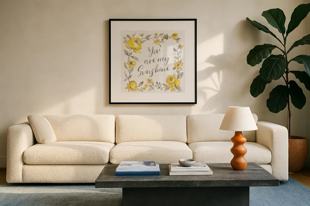 Sunny Roses II by Silvia Vassileva. Displayed in a glass frame with matte in a clean modern living room. Available as an archival giclee rolled canvas, fine art paper, or poster print. SKU 71052a.