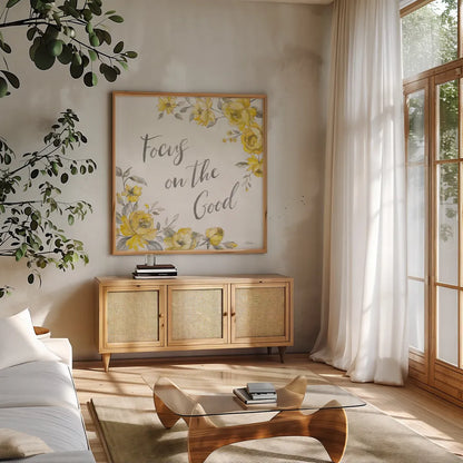 Sunny Roses V by Silvia Vassileva. Shown in a natural wood frame in a cozy modern living room. Available as an archival giclee rolled canvas, fine art paper, or poster print. SKU 71055a.