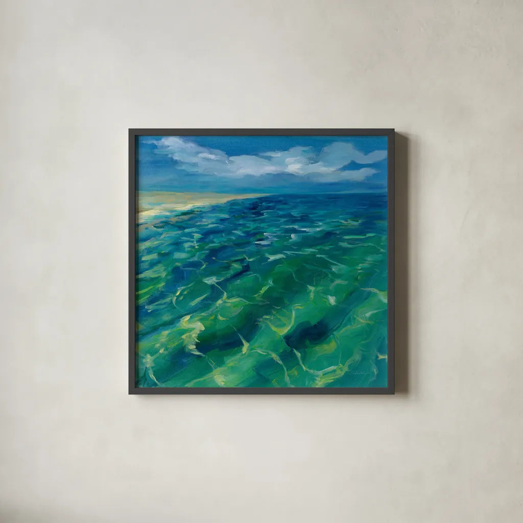 Sunny Sea Reflections by Silvia Vassileva. Shown in a sleek black glass frame for a contemporary gallery look. Available as an archival giclee rolled canvas, fine art paper, or poster print. SKU 65671a.