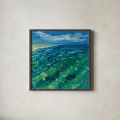 Sunny Sea Reflections by Silvia Vassileva. Shown in a sleek black glass frame for a contemporary gallery look. Available as an archival giclee rolled canvas, fine art paper, or poster print. SKU 65671a.