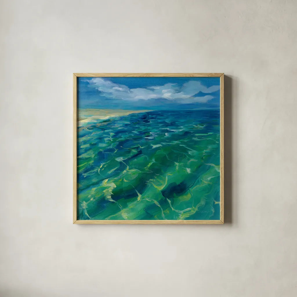 Sunny Sea Reflections by Silvia Vassileva. Shown in a natural wood glass frame for a timeless modern aesthetic. Available as an archival giclee rolled canvas, fine art paper, or poster print. SKU 65671a.