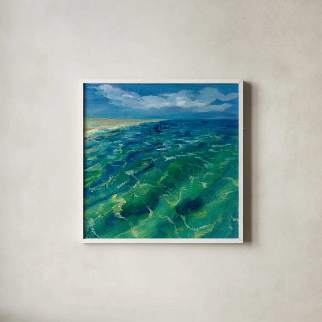 Sunny Sea Reflections by Silvia Vassileva. Shown in a crisp white glass frame for a clean and minimalist style. Available as an archival giclee rolled canvas, fine art paper, or poster print. SKU 65671a.