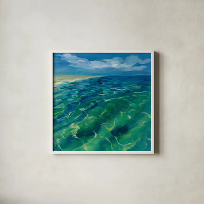 Sunny Sea Reflections by Silvia Vassileva. Shown in a crisp white glass frame for a clean and minimalist style. Available as an archival giclee rolled canvas, fine art paper, or poster print. SKU 65671a.