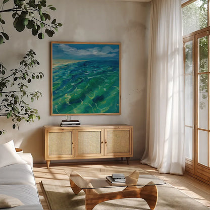 Sunny Sea Reflections by Silvia Vassileva. Shown in a natural wood frame in a cozy modern living room. Available as an archival giclee rolled canvas, fine art paper, or poster print. SKU 65671a.