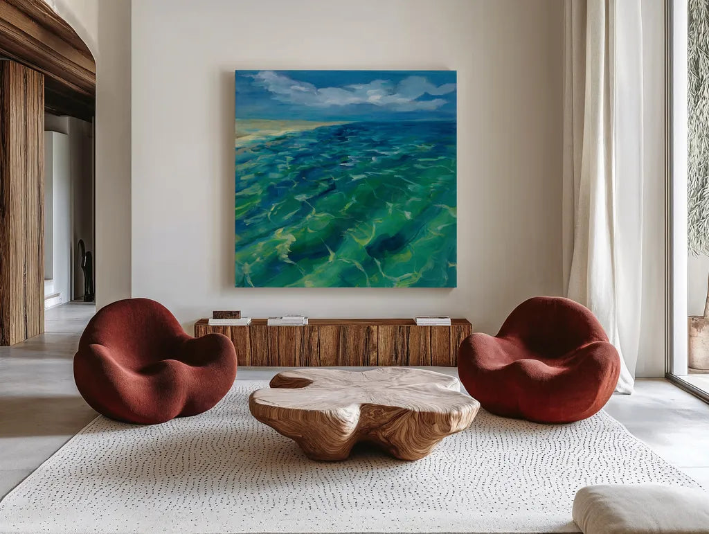Sunny Sea Reflections by Silvia Vassileva. Shown as extra-large giant wall art in a modern living room. Available as an archival giclee rolled canvas, fine art paper, or poster print. SKU 65671a.