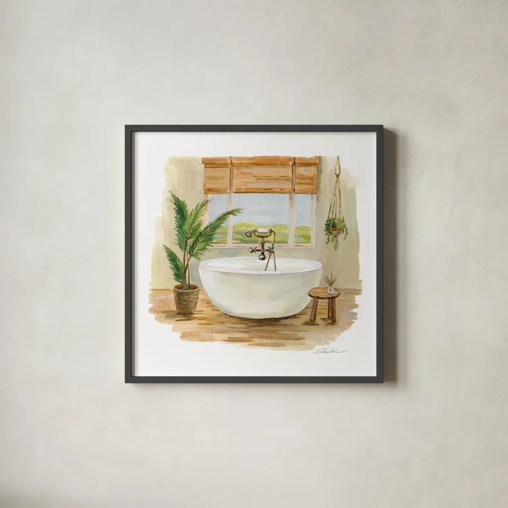 Sunny Spa I by Silvia Vassileva. Shown in a sleek black glass frame for a contemporary gallery look. Available as an archival giclee rolled canvas, fine art paper, or poster print. SKU 62197a.