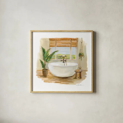 Sunny Spa I by Silvia Vassileva. Shown in a natural wood glass frame for a timeless modern aesthetic. Available as an archival giclee rolled canvas, fine art paper, or poster print. SKU 62197a.
