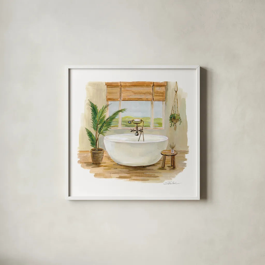 Sunny Spa I by Silvia Vassileva. Shown in a crisp white glass frame for a clean and minimalist style. Available as an archival giclee rolled canvas, fine art paper, or poster print. SKU 62197a.