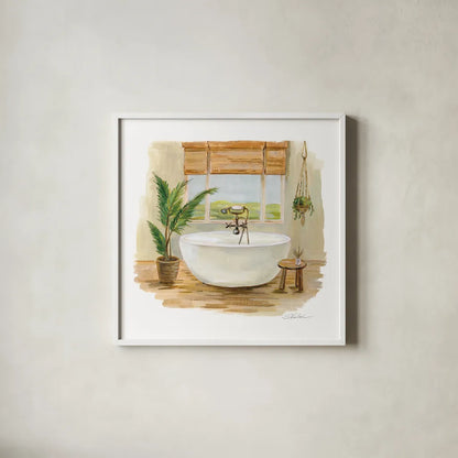 Sunny Spa I by Silvia Vassileva. Shown in a crisp white glass frame for a clean and minimalist style. Available as an archival giclee rolled canvas, fine art paper, or poster print. SKU 62197a.