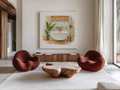 Sunny Spa I by Silvia Vassileva. Shown as extra-large giant wall art in a modern living room. Available as an archival giclee rolled canvas, fine art paper, or poster print. SKU 62197a.