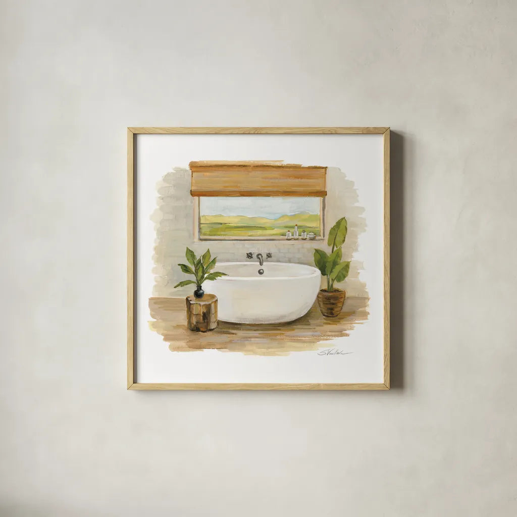 Sunny Spa II by Silvia Vassileva. Shown in a natural wood glass frame for a timeless modern aesthetic. Available as an archival giclee rolled canvas, fine art paper, or poster print. SKU 62198a.