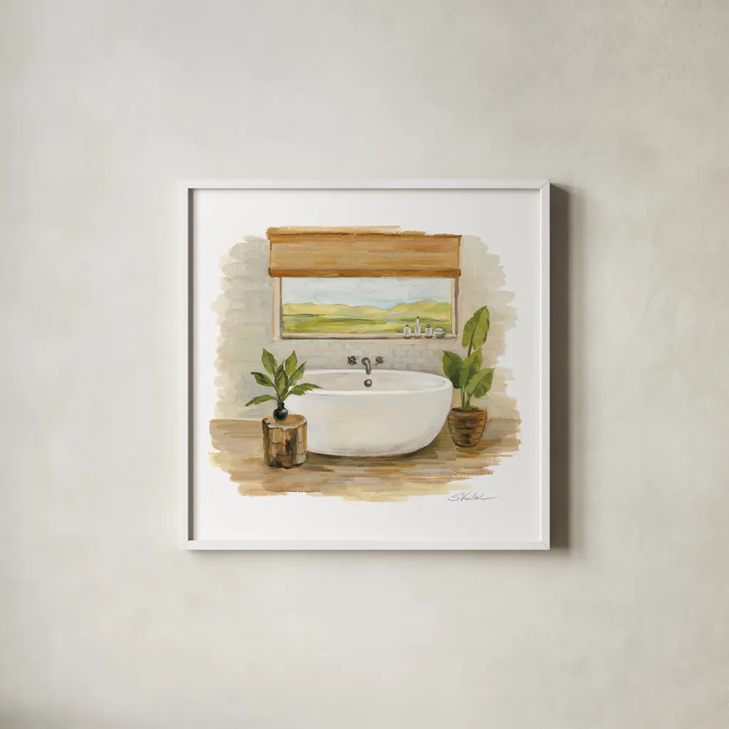 Sunny Spa II by Silvia Vassileva. Shown in a crisp white glass frame for a clean and minimalist style. Available as an archival giclee rolled canvas, fine art paper, or poster print. SKU 62198a.